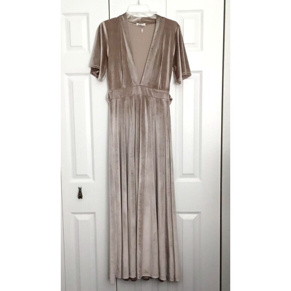 YF&B On The Road Temptress Velvet Maxi Dress Size S Taupe Deep V-neck - Picture 5 of 14